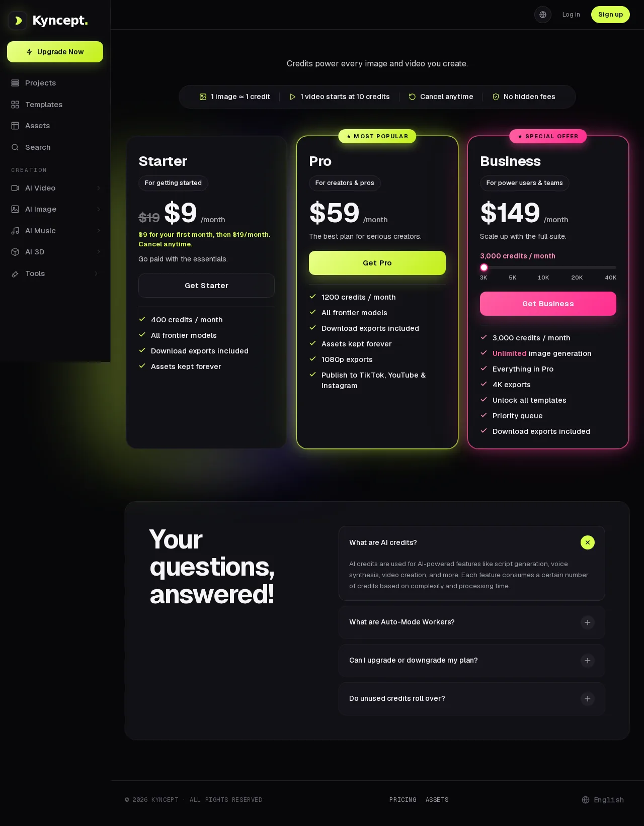 Kyncept Pro monthly pricing screenshot dated October 1, 2026