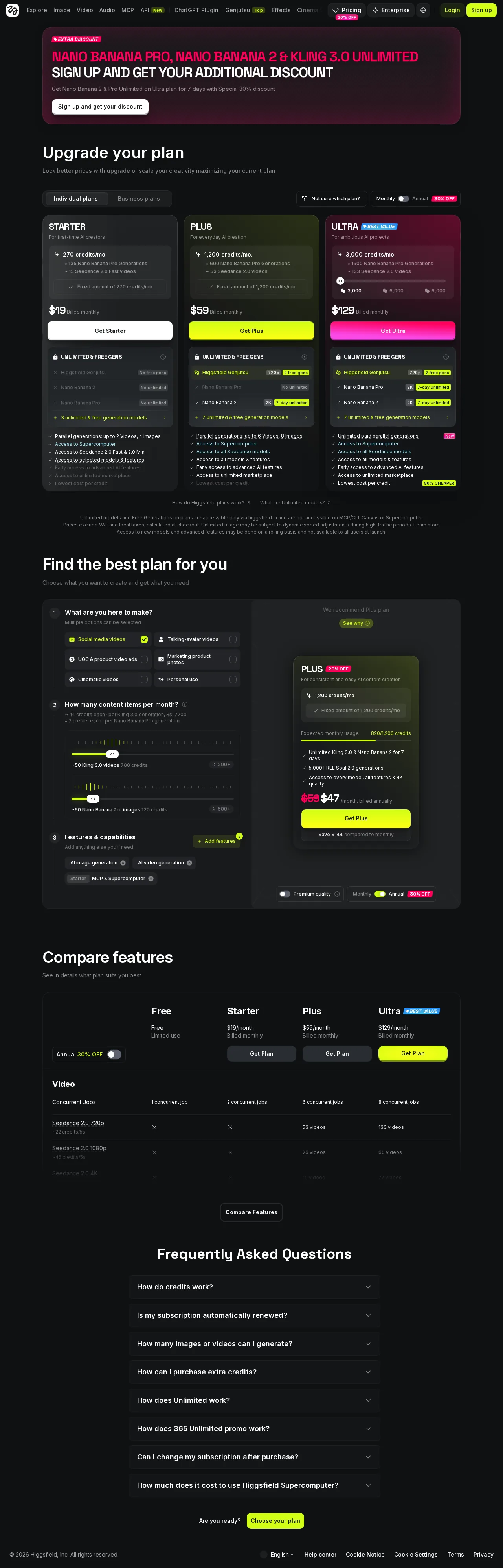 Higgsfield Plus monthly pricing screenshot dated October 1, 2026
