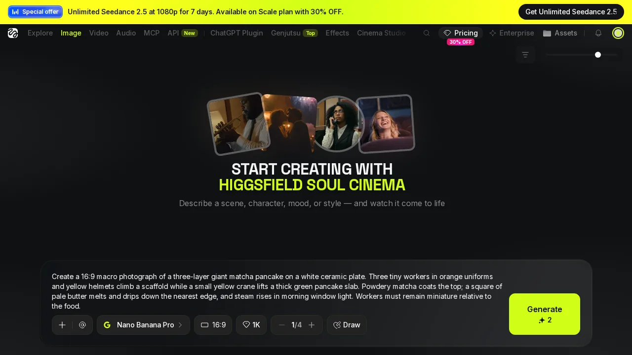 Higgsfield image prompt with 16:9, 1K and two-credit button