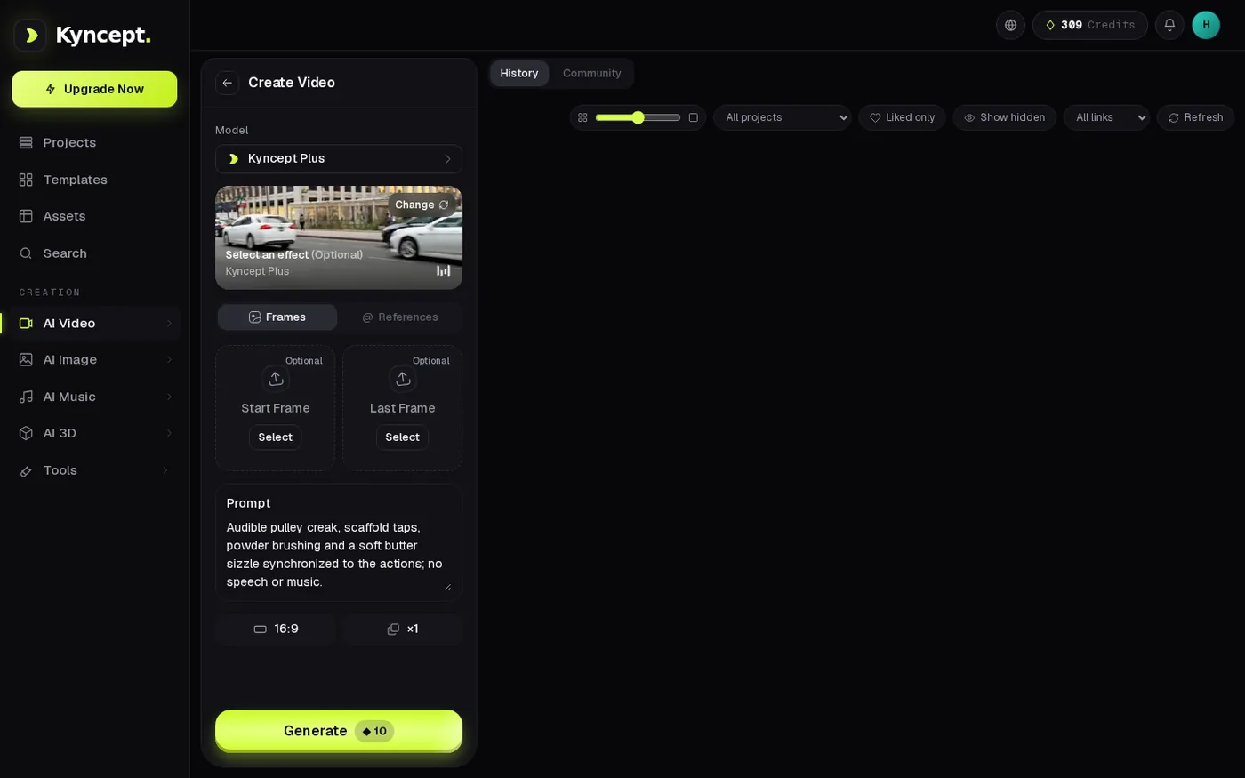 Kyncept text-only video submission with 309-credit balance and ten-credit action